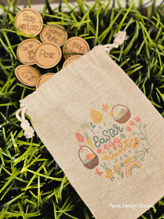 Set of 21 Easter Egg Hunt Tokens Family Activities / Drawstring Sublimate Canvas Bag / Easter Basket