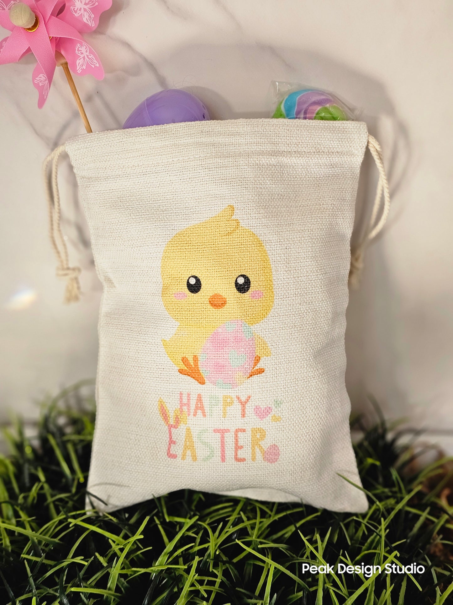 Easter Themed Drawstring Sublimate Canvas Bag / Reusable Easter Gift Bag / Easter Basket