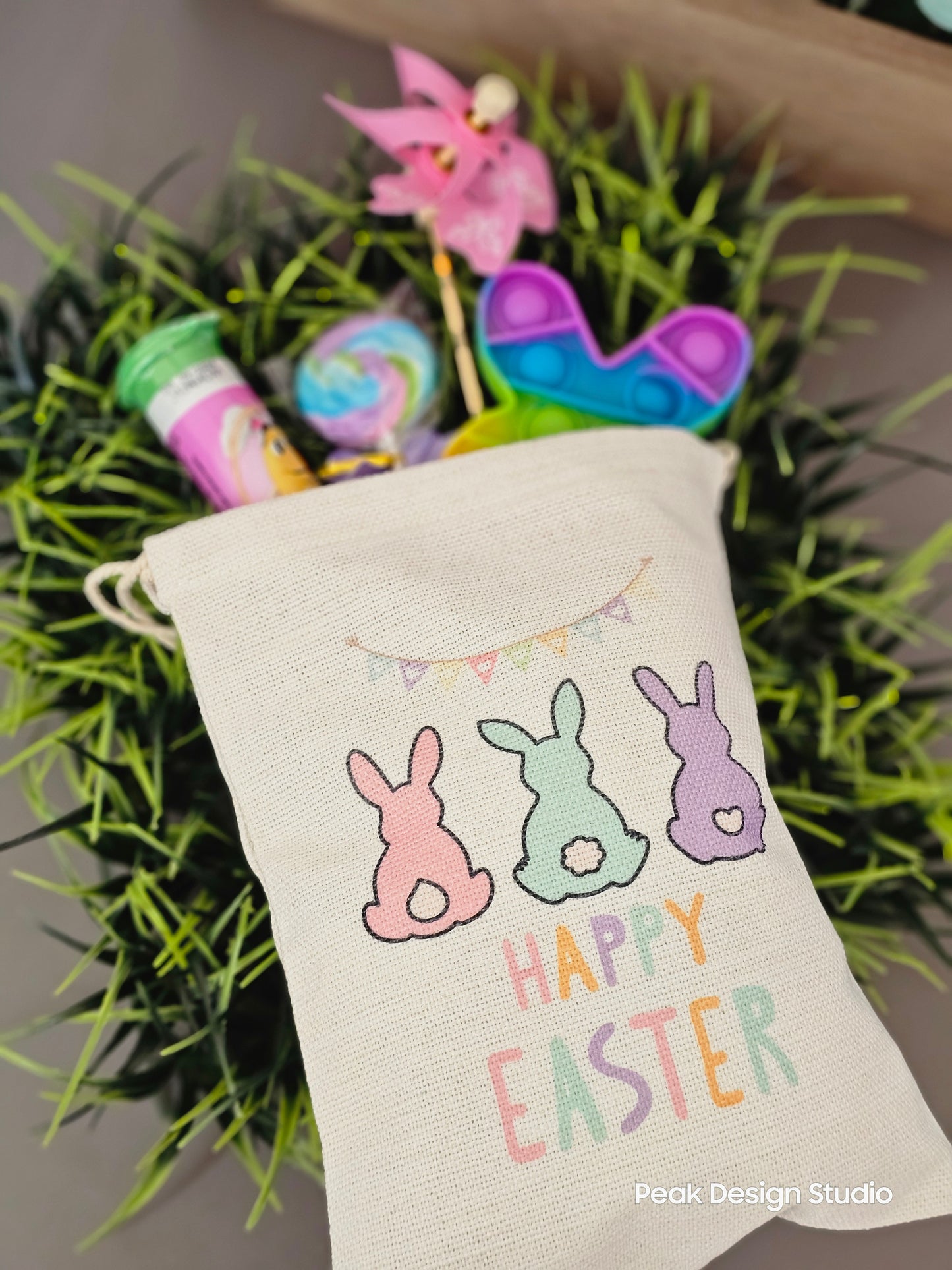 Easter Themed Drawstring Sublimate Canvas Bag / Reusable Easter Gift Bag / Easter Basket