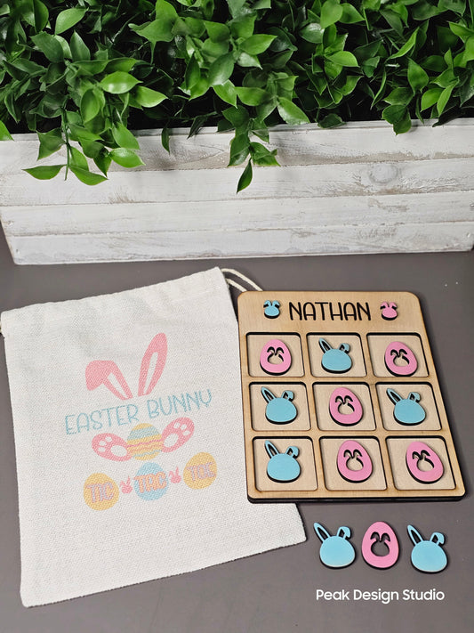 Personalized Easter Tic Tac Toe Game/ 3 Layer Wood / Drawstring Sublimate Canvas Bag / Easter Basket